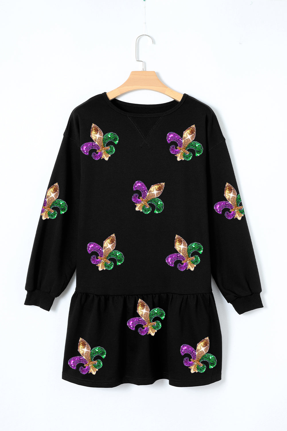 Sequin Mardi Gras Fleur De Lis Graphic Ruffle Hem Mini Dress