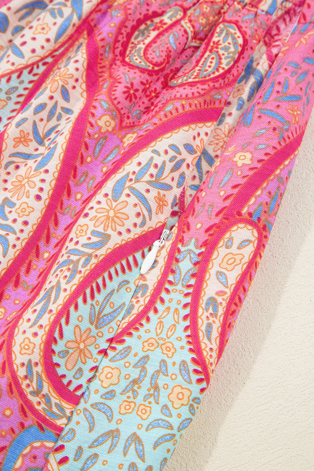 Rose Ethnic Paisley Print Ruffle Sleeve Notch Neck Midi Dress