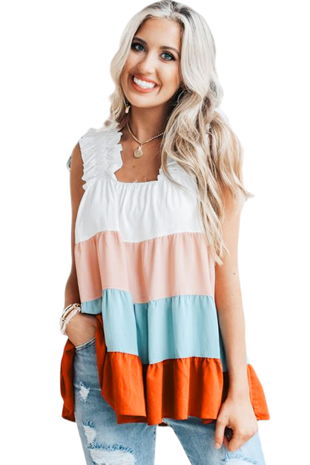Multicolor Frill Tiered Colorblock Casual A-line Dress