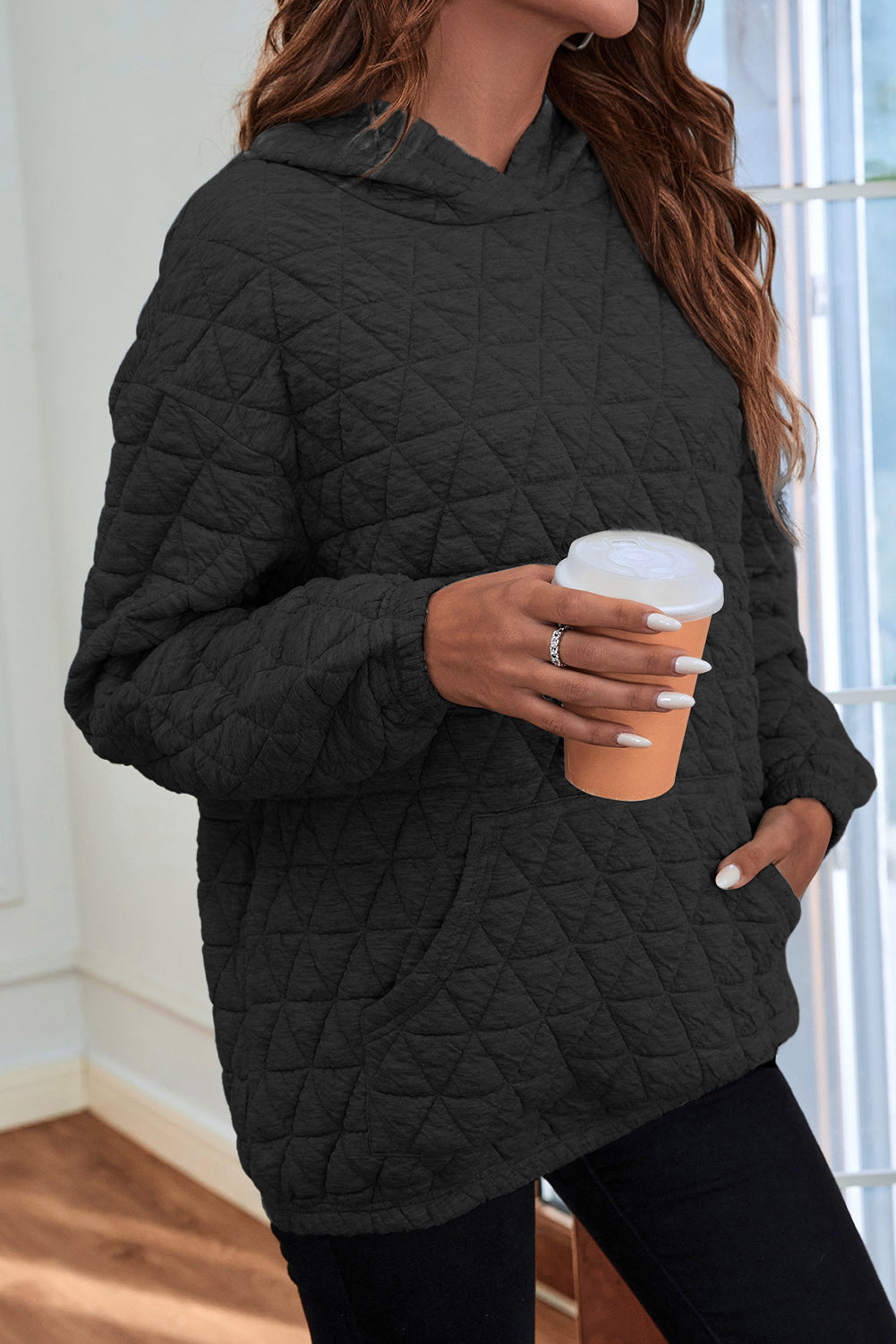 Coffee Thermal Quilted Kangaroo Pocket Hoodie