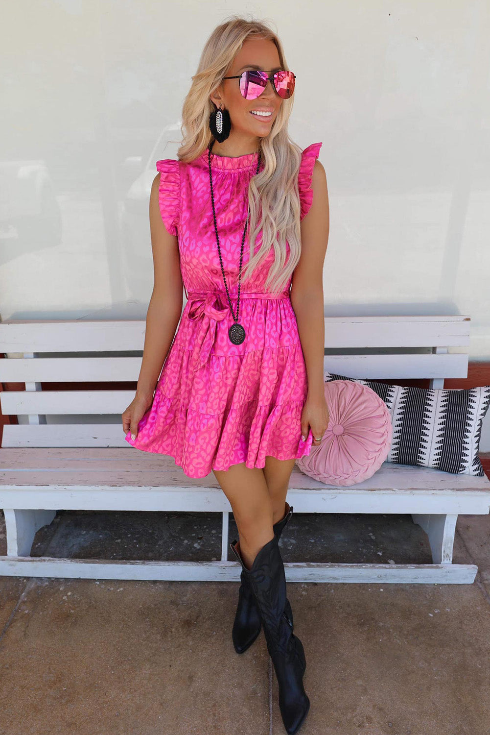Rosy Satin Jacquard Sleeveless A-Line Leopard Print Dress