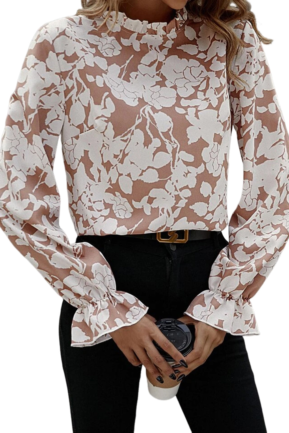 Floral Print Frilled Neckline Ruffle Cuffs Blouse
