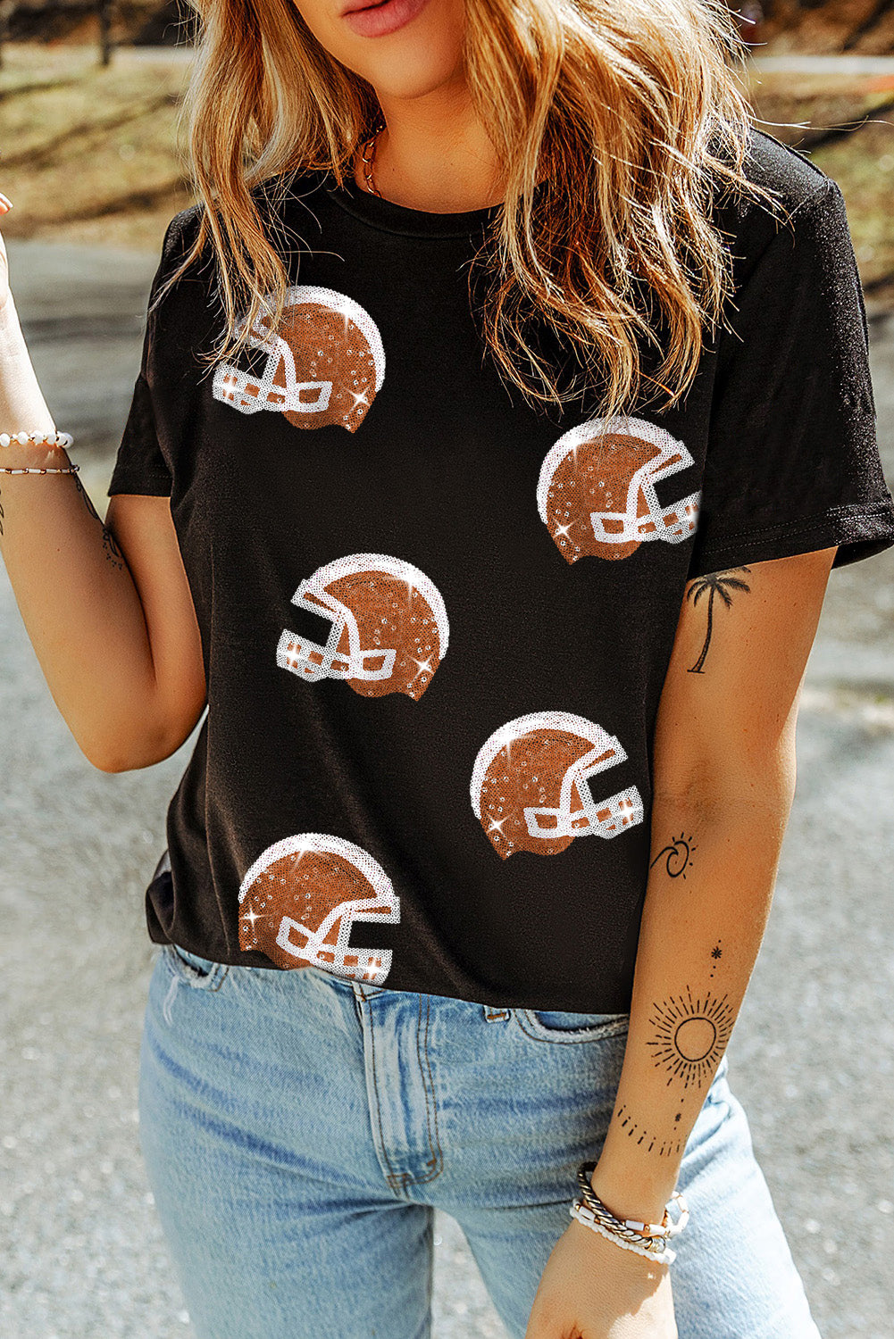 Black Sequin Footballl Helmet Graphic Crewneck T Shirt