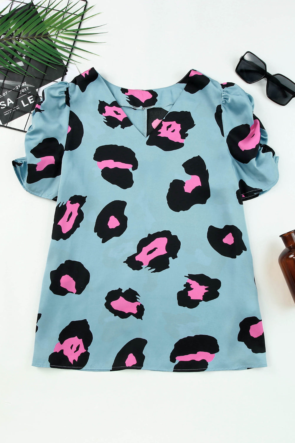 V Neck Ruched Short Sleeve Leopard Print Short Sleeve Blouse