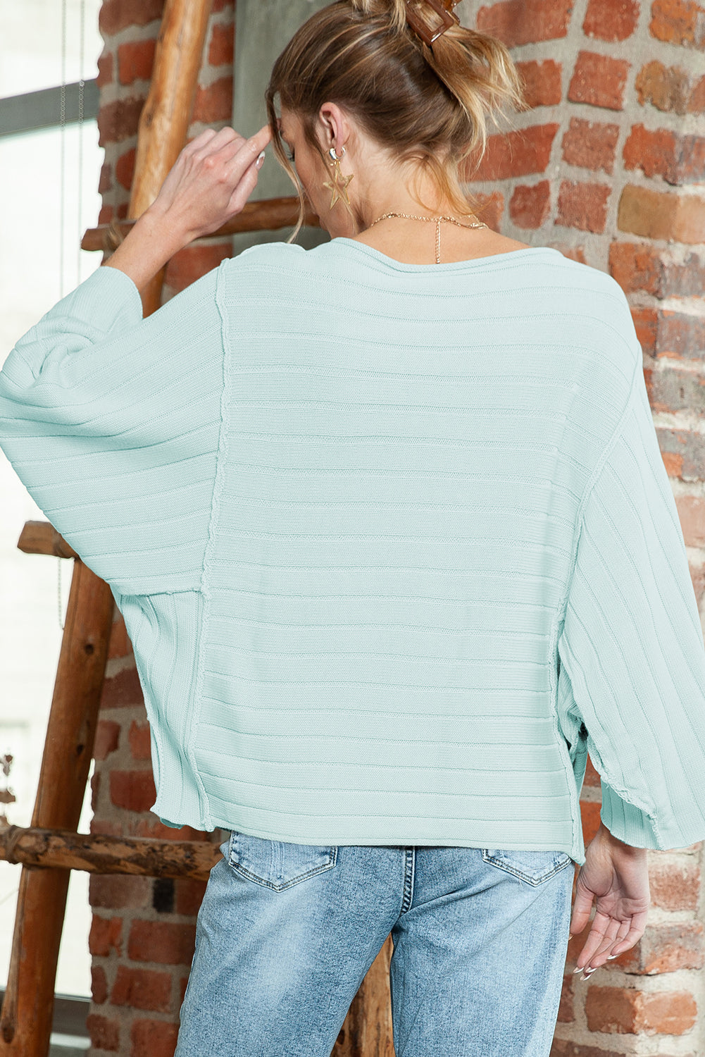 Brown Ribbed Knit Exposed Seam Dolman Sweater