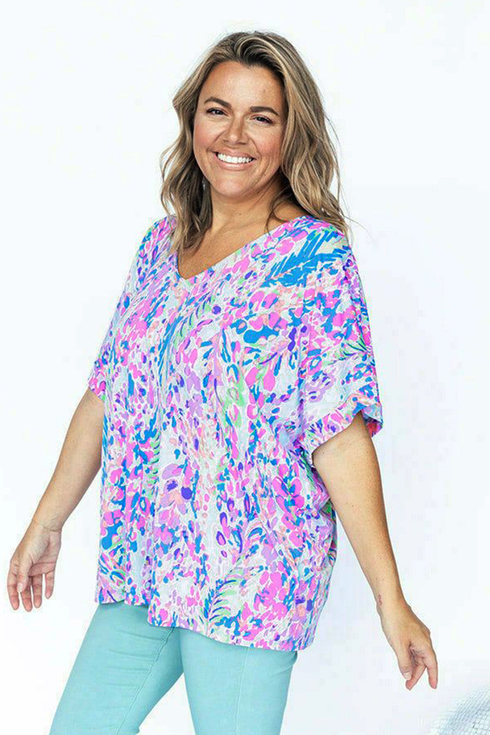Abstract Print Wrap V Neck Flutter Sleeve Mid Length Summer Dress
