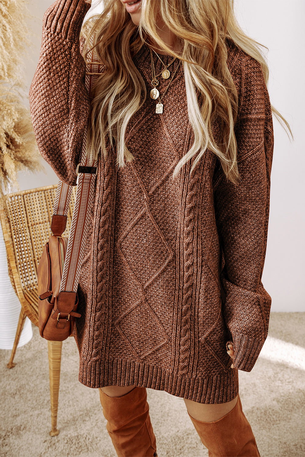 Twist Cable Knit Drop Shoulder Loose Fit Sweater Dress