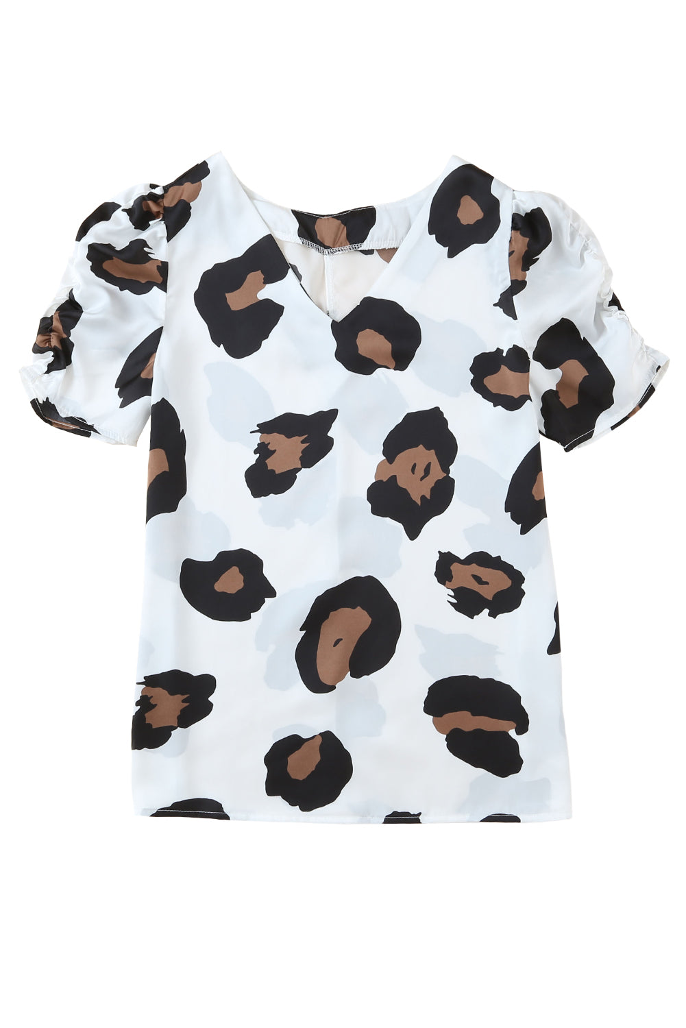 V Neck Ruched Short Sleeve Leopard Print Short Sleeve Blouse