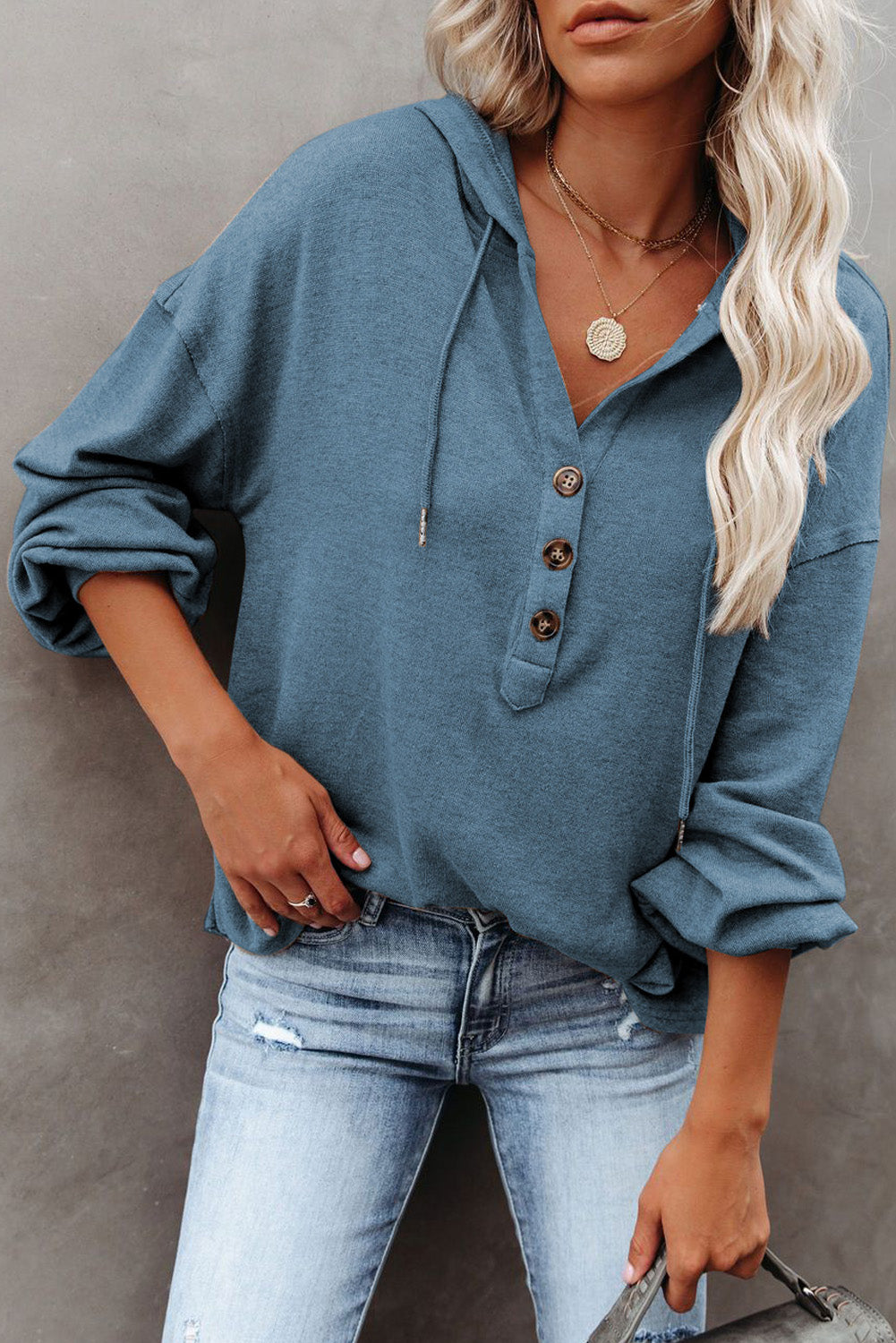 Button Front Pullover Hooded Sweatshirt