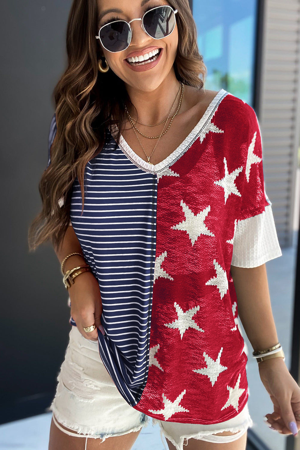 Multicolor Stripes Stars Print Knit Short Sleeve Top