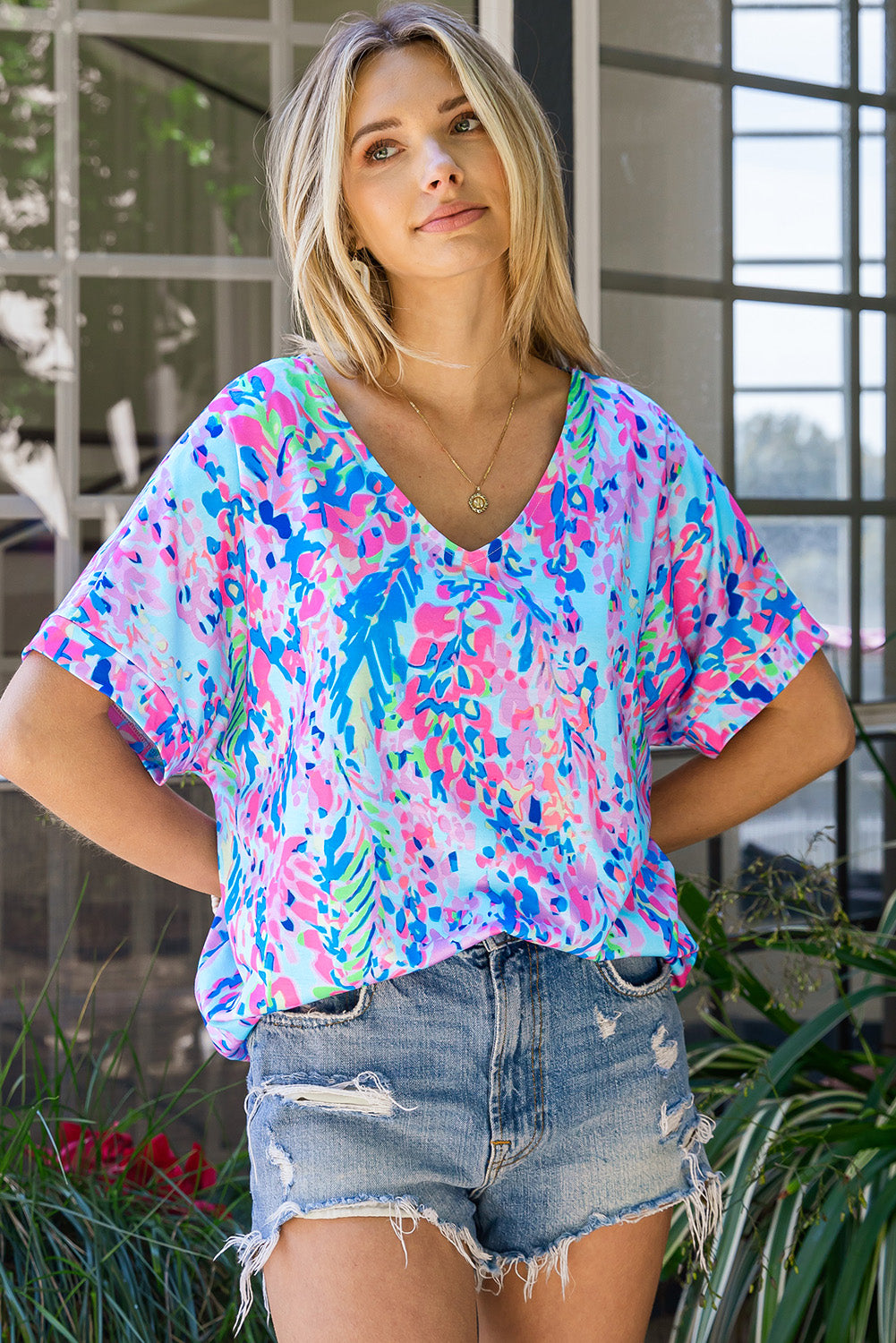 Abstract Print Wrap V Neck Flutter Sleeve Mid Length Summer Dress