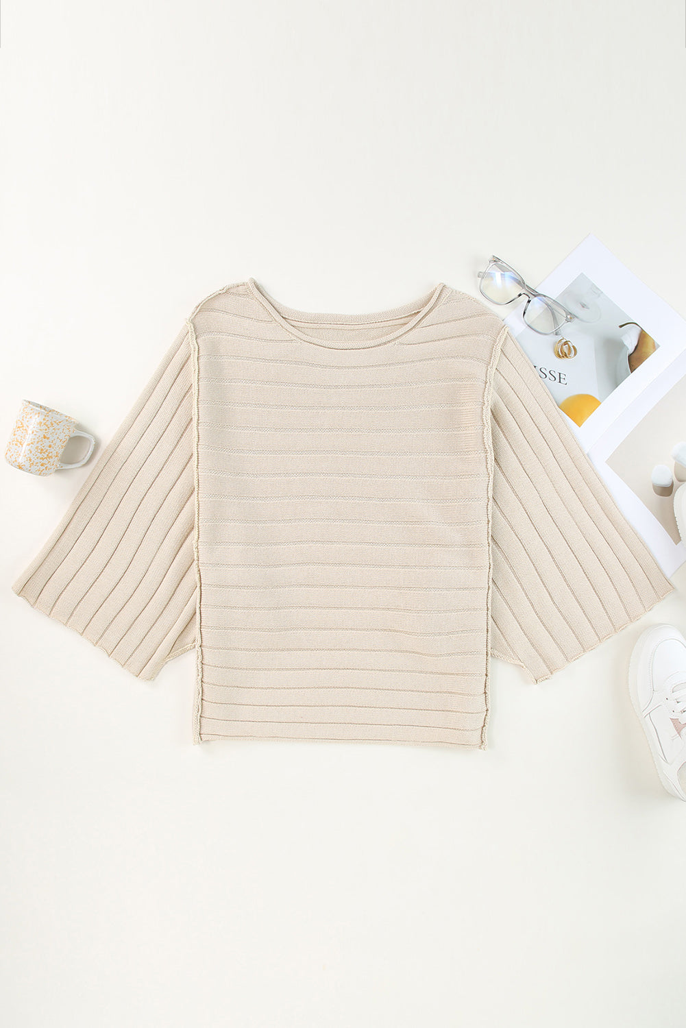Brown Ribbed Knit Exposed Seam Dolman Sweater