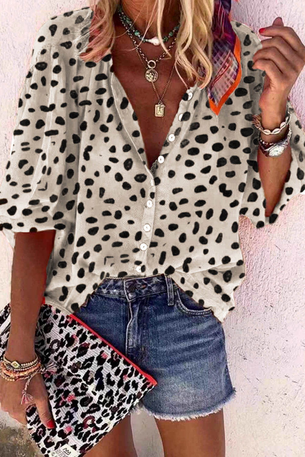 Chestnut Print Bishop Sleeve Button Up Shirt