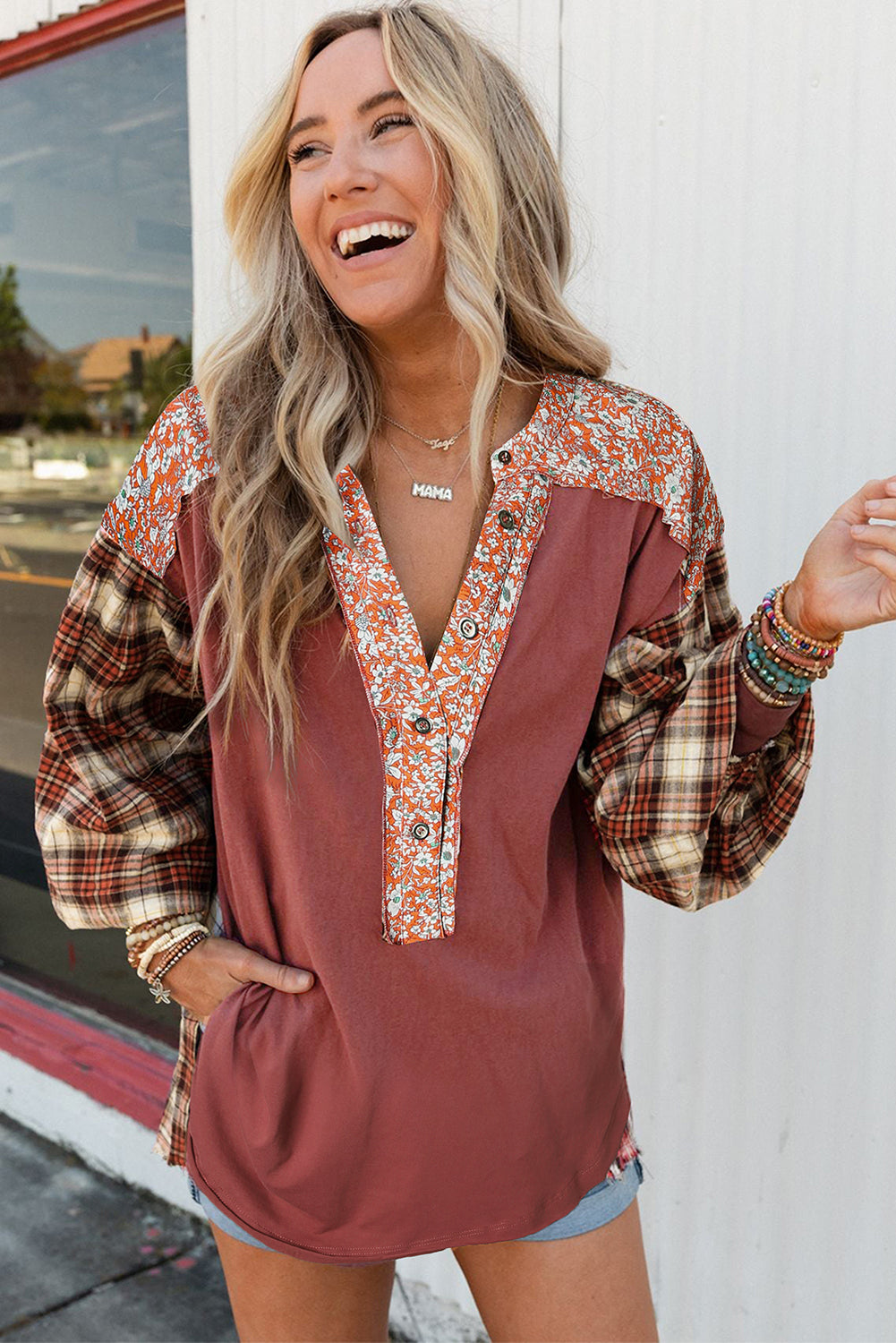 Red Dahlia Mixed Print Half Buttons Plus Size Pullover Top