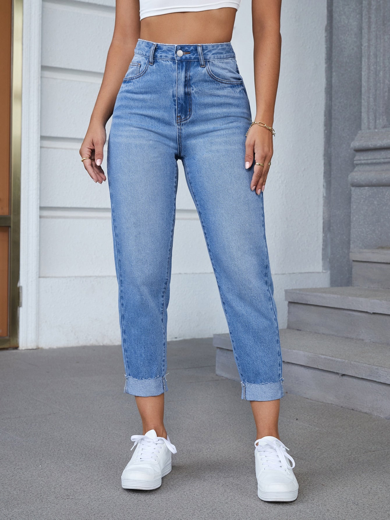 EZwear High Waist Bleach Wash Frayed Hem Mom Fit Jeans Without Belt