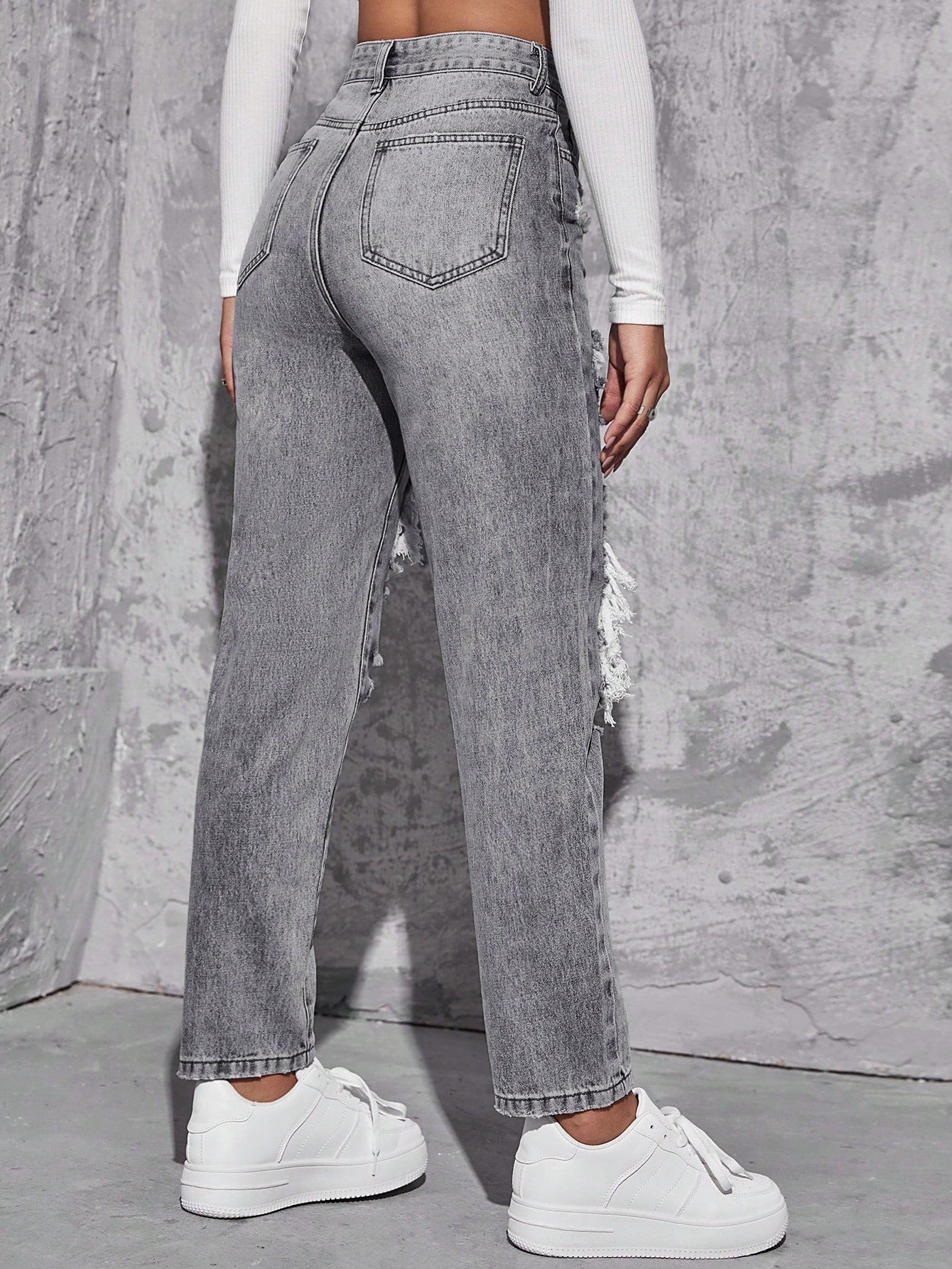 EZwear High Waist Ripped Mom Fit Jeans