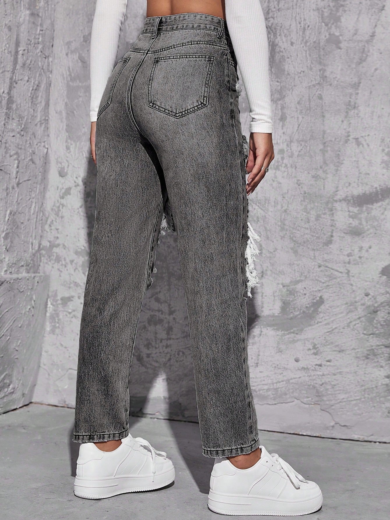 EZwear High Waist Ripped Mom Fit Jeans