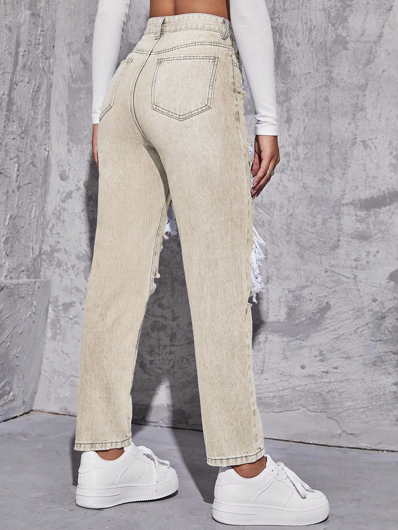 EZwear High Waist Ripped Mom Fit Jeans