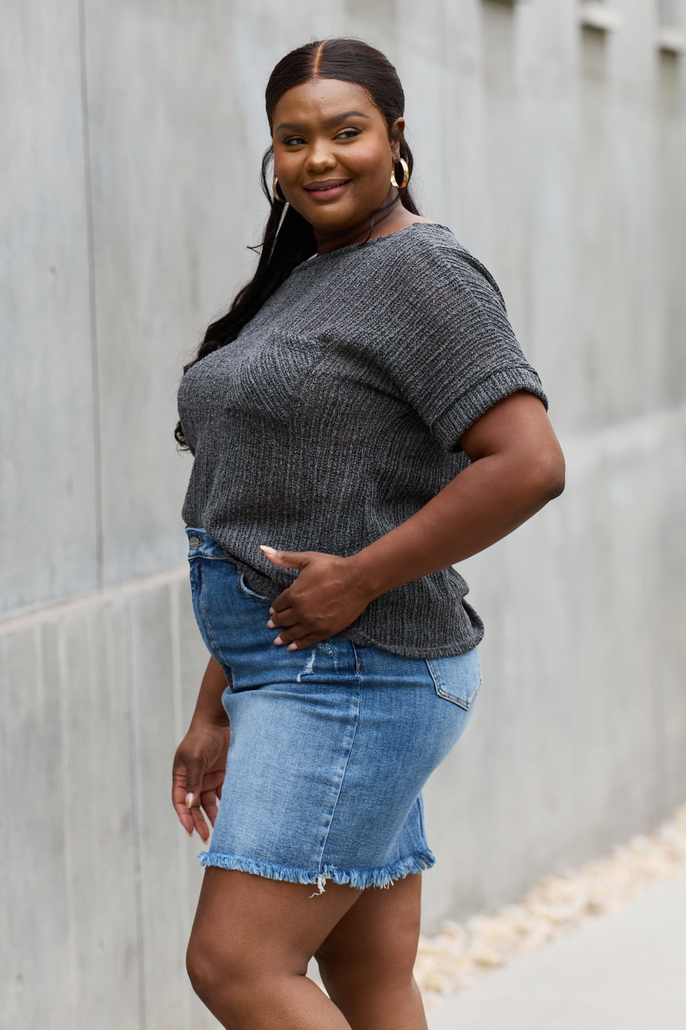 E.Luna Full Size Chunky Knit Short Sleeve Top in Gray
