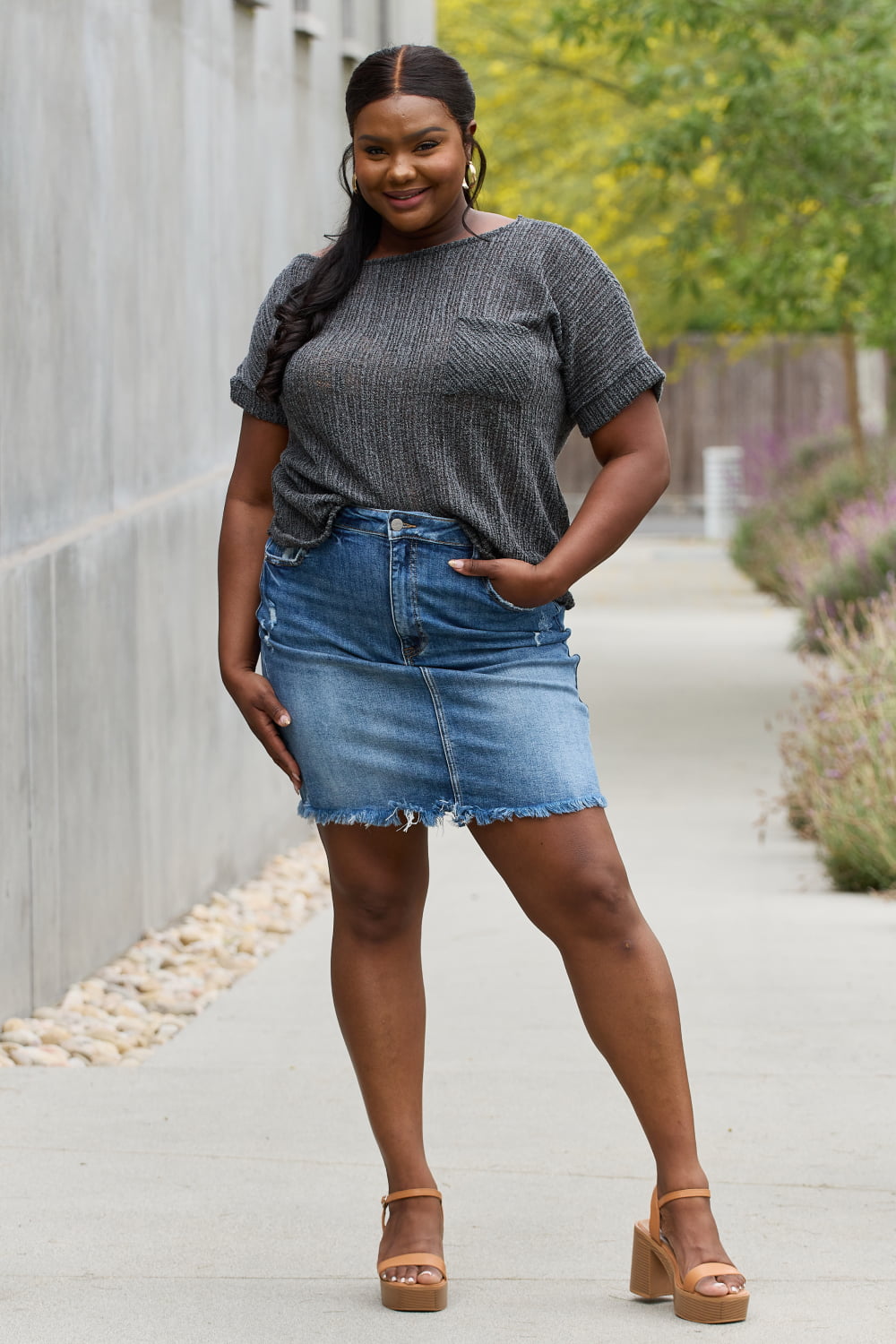 E.Luna Full Size Chunky Knit Short Sleeve Top in Gray