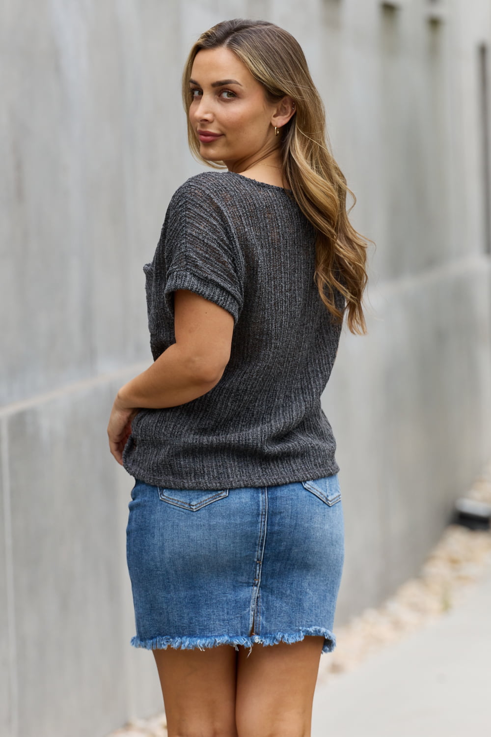 E.Luna Full Size Chunky Knit Short Sleeve Top in Gray