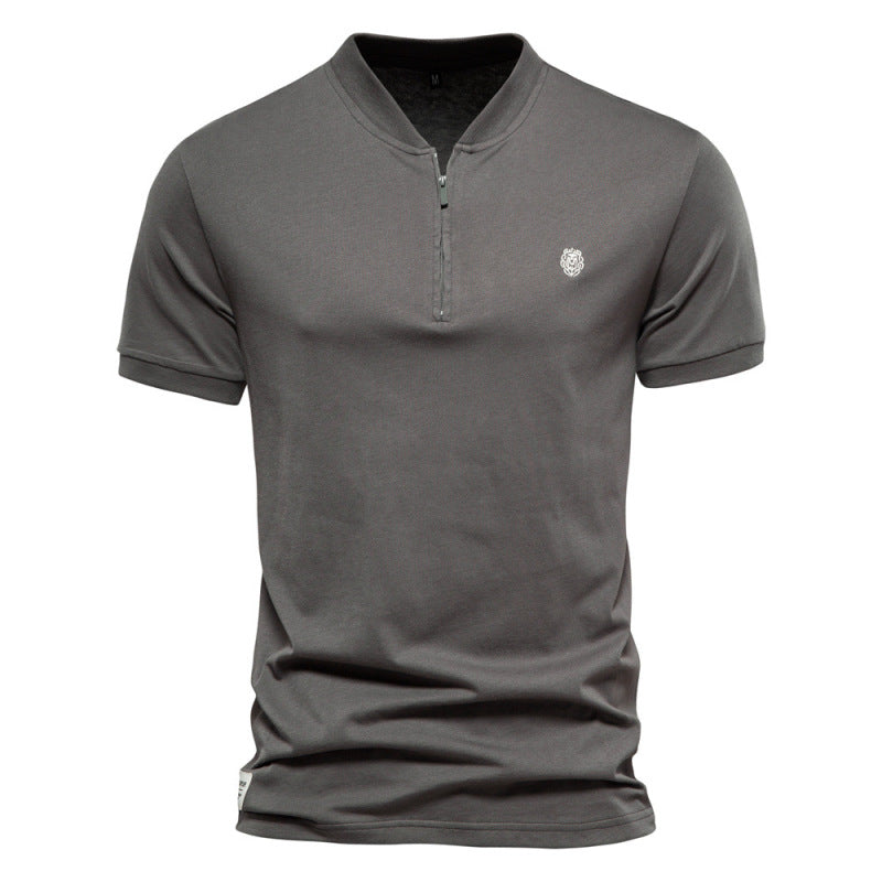 Men's Cotton V Neck Zipper Short Sleeve T-Shirt