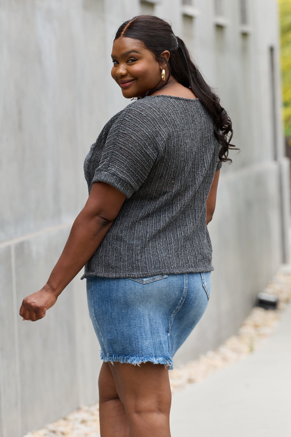 E.Luna Full Size Chunky Knit Short Sleeve Top in Gray