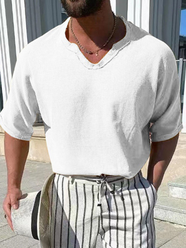 Men's Woven Short Sleeve V Neck Short Sleeve Top