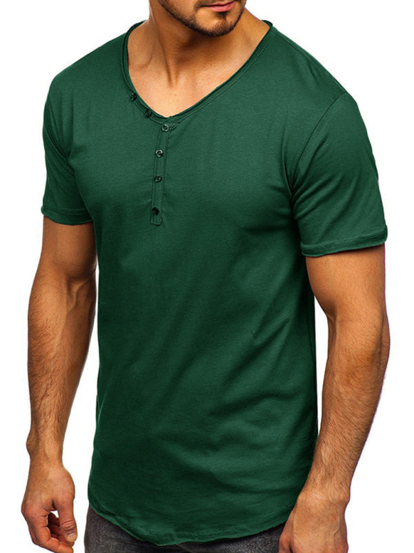 Men's Knit V-Neck Short Sleeve Henley T-Shirt