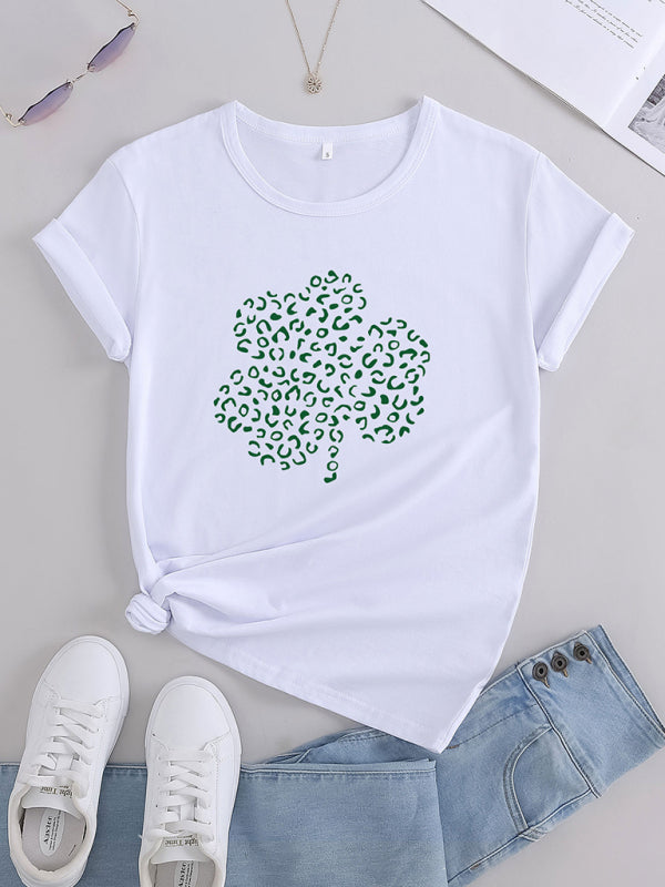 Printed Dotted Short Sleeve Four-leaf Clover T-shirt