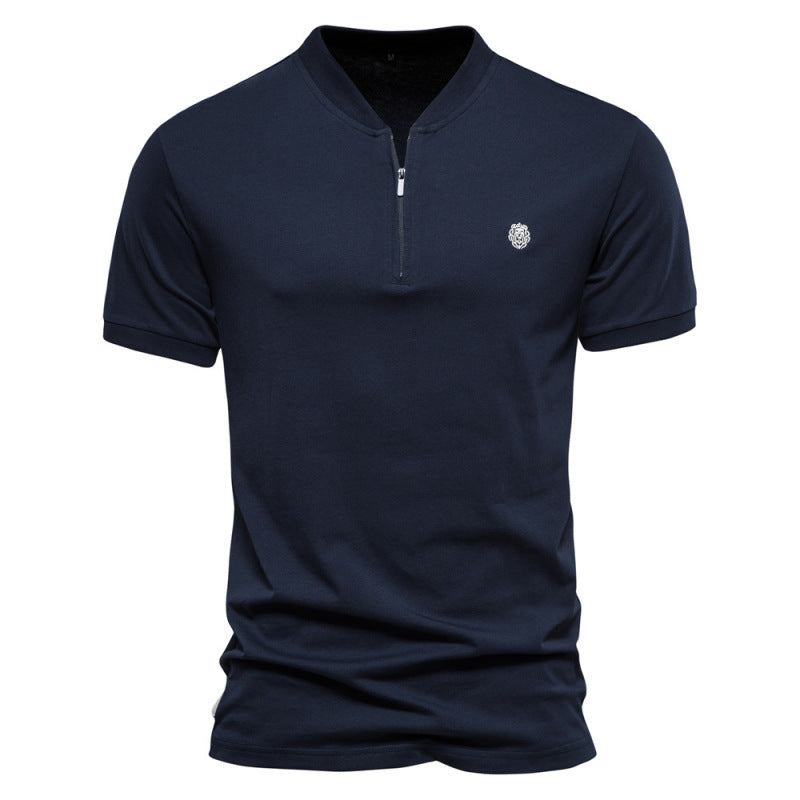 Men's Cotton V Neck Zipper Short Sleeve T-Shirt