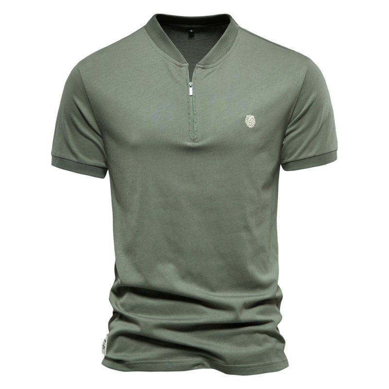 Men's Cotton V Neck Zipper Short Sleeve T-Shirt