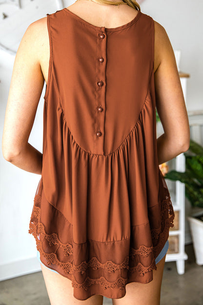 Casual Contrast Lace Crochet Button Back Sleeveless Shirt