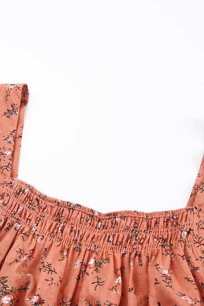 Floral Print Smocked Neck Flounce Sleeveless Shirt