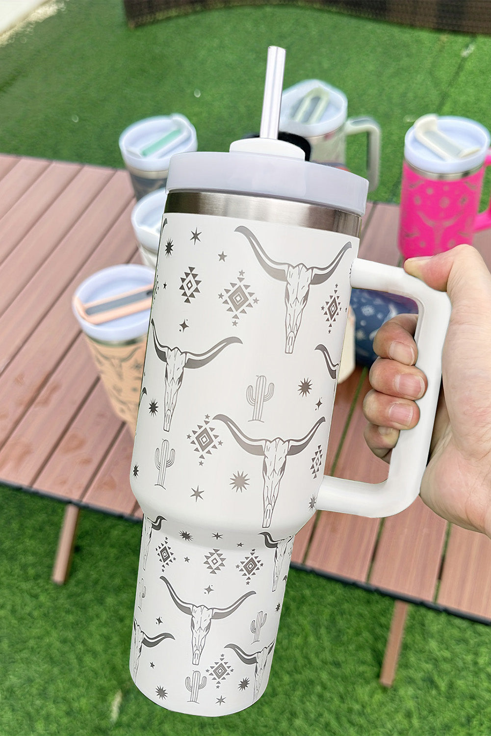 Rose Red Animal Horn Printed Stainless Tumbler with Lid and Straw