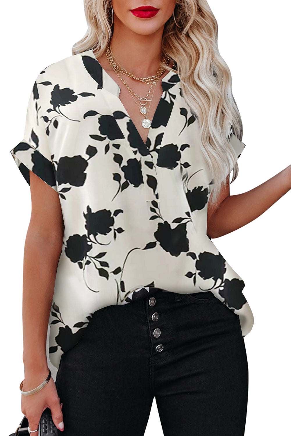Floral Print Casual Roll Up Sleeve Blouse