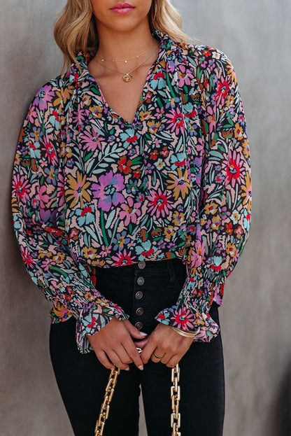 Multicolor Floral Boho Tie V Neck Peasant Blouse