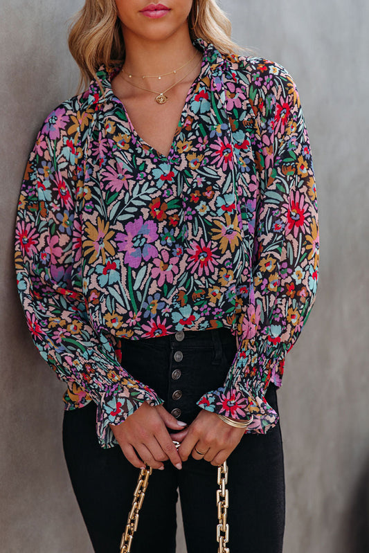 Multicolor Floral Boho Tie V Neck Peasant Blouse