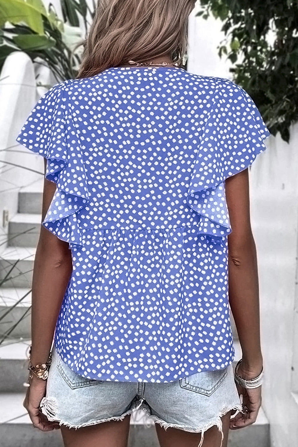 Blue Floral Print V Neck Ruffle Sleeve Blouse
