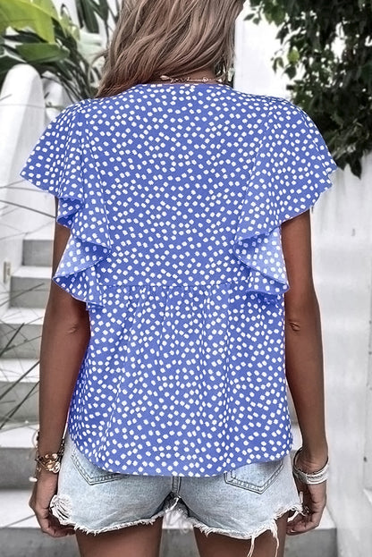 Blue Floral Print V Neck Ruffle Sleeve Blouse