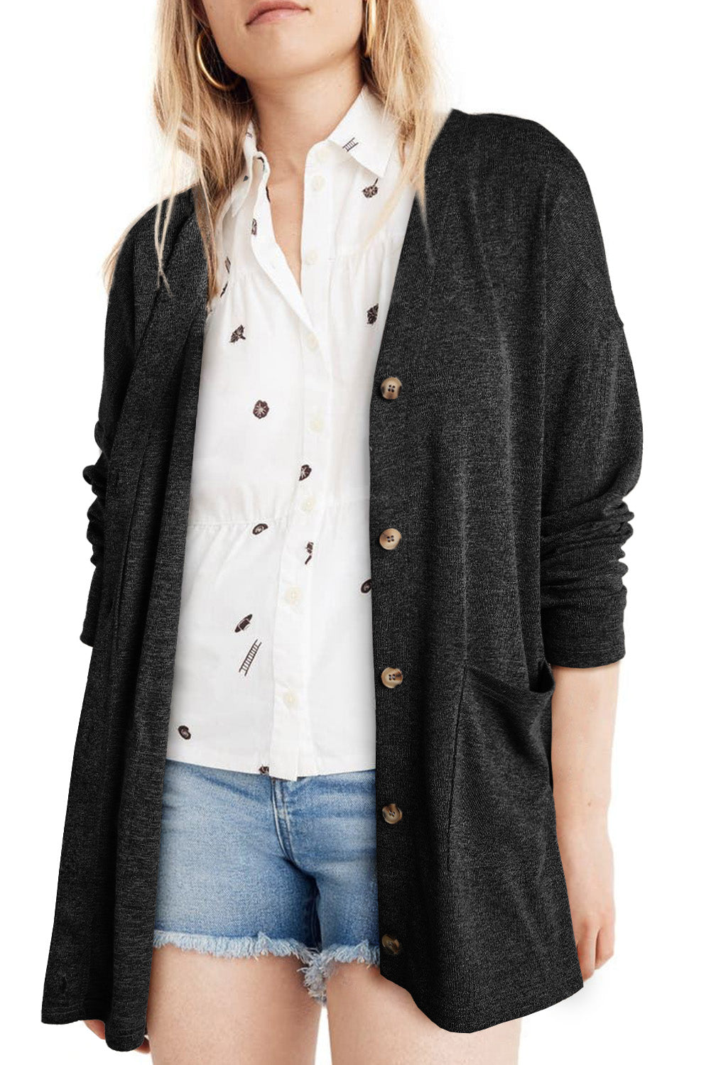 Black Pocketed Casual Button Front Knit Cardigan