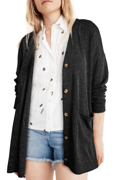 Black Pocketed Casual Button Front Knit Cardigan