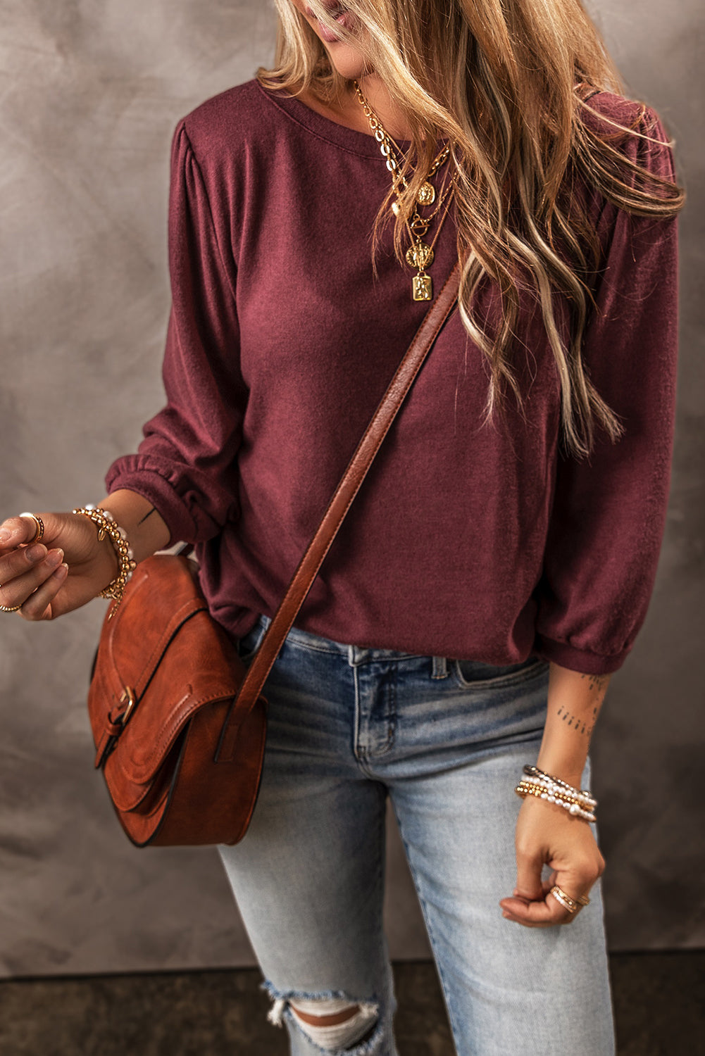 Solid Color 3/4 Puff Sleeve Round Neck Top