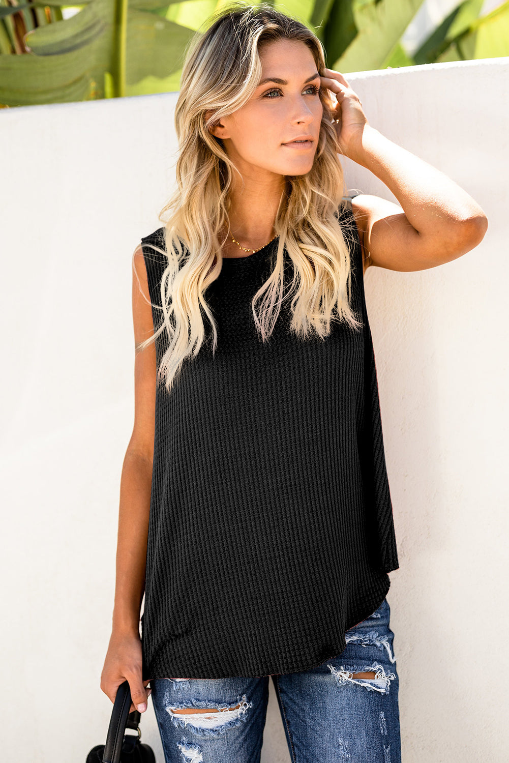 Crew Neck Basic Waffle Tank Top