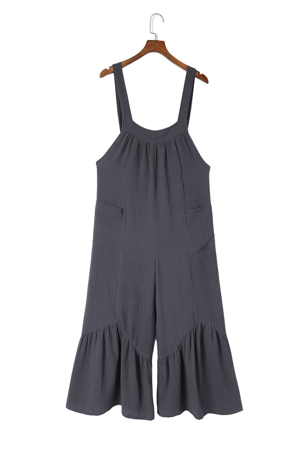Black Solid Color Pockets Pleated Flare Leg Jumpsuit