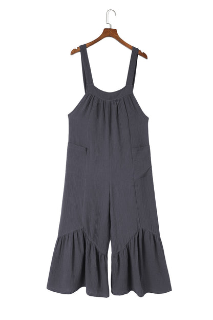Black Solid Color Pockets Pleated Flare Leg Jumpsuit