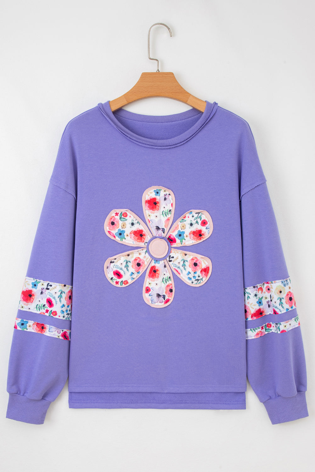 Peach Blossom Flower Applique Patchwork Drop Sleeve Pullover Sweatshirt