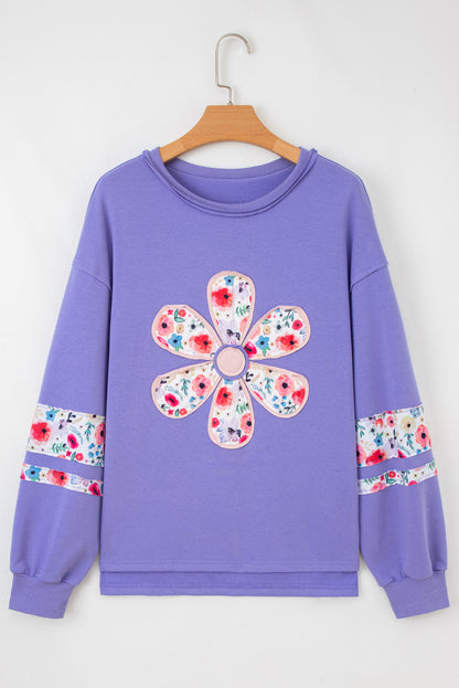 Peach Blossom Flower Applique Patchwork Drop Sleeve Pullover Sweatshirt