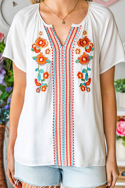 Floral Embroidered Boho Ruffle Puff Sleeve Blouse