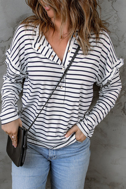 Black and White Striped Snap Button Ruffle Trim Long Sleeve Top